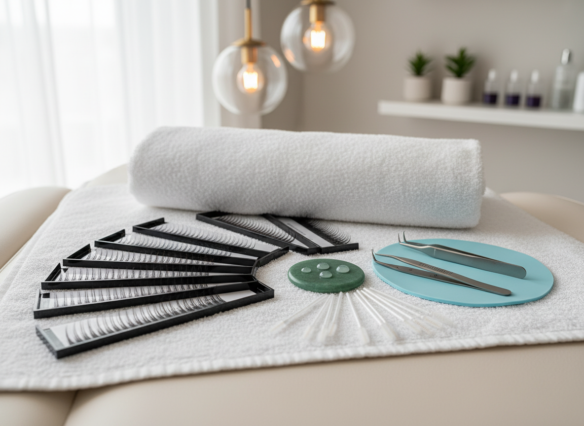 A luxurious lash extension setup displayed on a plush, folded white towel atop a spa-style treatment bed in a beauty salon, captured with photographic realism. Several lash trays fan outward, revealing meticulously arranged black and dark brown extensions in varying lengths and curls. Beside them, precision tweezers with satin-finish handles rest on a silicone pad, next to adhesive drops on a jade stone and miniature disposable brushes. Overhead, soft, warm pendant lighting and subtle natural light from a side window create a gentle glow and delicate shadows, emphasizing textures without harshness. Shot from a slightly elevated three-quarter angle with a shallow depth of field, the background of the room is softly blurred, evoking a serene, detail-oriented, and refined atmosphere.